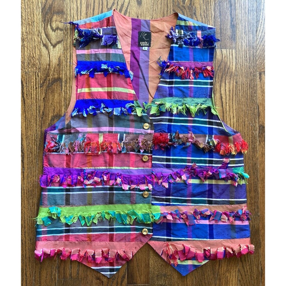 Vintage 80s Paula Sweet Womens Vest Muslin Mink Size Large Colorful Fringe Plaid
